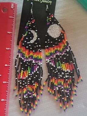 Beaded Rainbow Fringe Moon Earrings - Black
